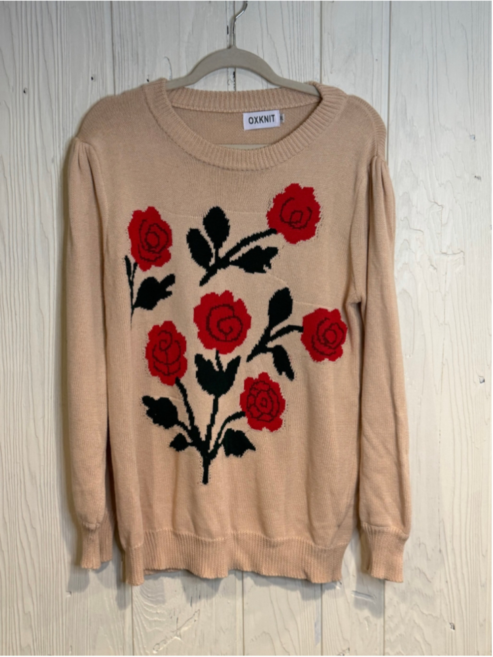 Women's OXKNIT Crew Neck Sweater XL Beige Red Floral